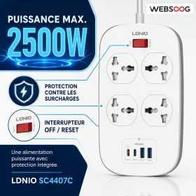 Multiprise SIYOTEAM "LDNIO" SC4407C 2500W avec 4 Prises Secteur - Chargeur USB 45W 2Type-C et 2USB-A Cable 3M