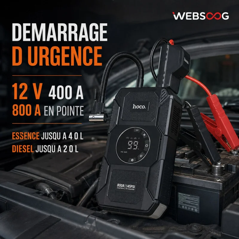 Demarreur de secours 4en1 HOCO QS6 avec compresseur 145 PSI et batterie 8000 mAh