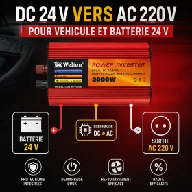 Convertisseur de tension Welion 2000 W 24 V vers 220 V GMS HF2000E