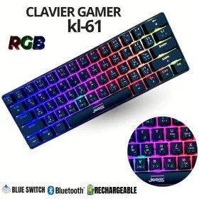 Clavier Gamer Mécanique Rechargeable JEDEL KL‑61 RGB – Bluetooth, Sans Fil 2,4 GHz et USB‑C – Filaire BLUE Switch Black/White