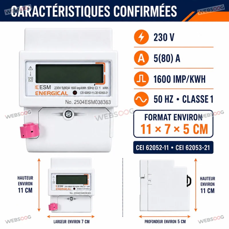 Compteur Electrique ENERGICAL ESM Rail DIN 230V 80A