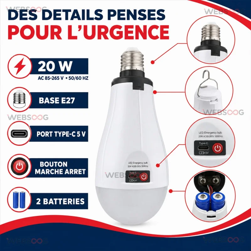 Lampe LED de secours rechargeable Z 727 20W E27 avec batteries
