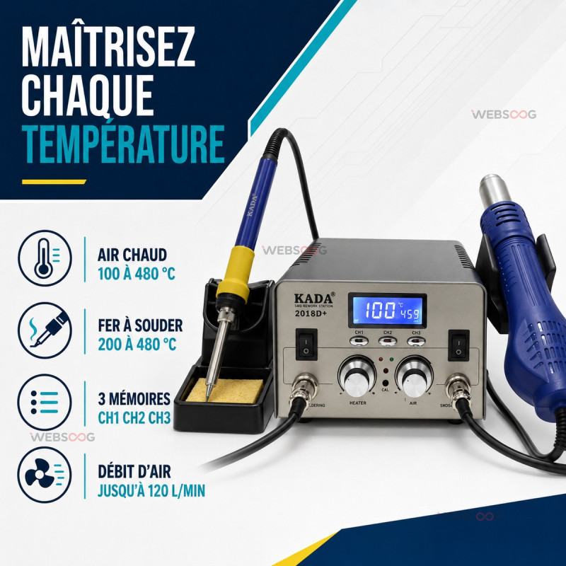 Kada 2018D+ 2in1 Station de fer à souder SMD à air chaud Station de reprise BGA