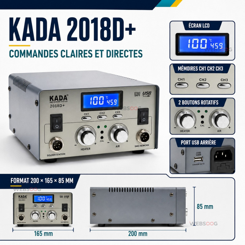 Kada 2018D+ 2in1 Station de fer à souder SMD à air chaud Station de reprise BGA