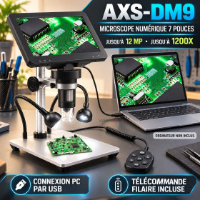Microscope AXS-DM9 avec écran HD 7\" jusqu'à 12MP 1200X (focus range 10-40mm) avec 2 LEDs