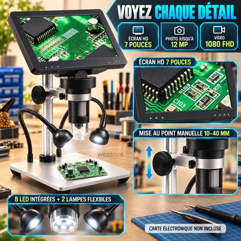 Microscope AXS-DM9 avec écran HD 7\" jusqu'à 12MP 1200X (focus range 10-40mm) avec 2 LEDs