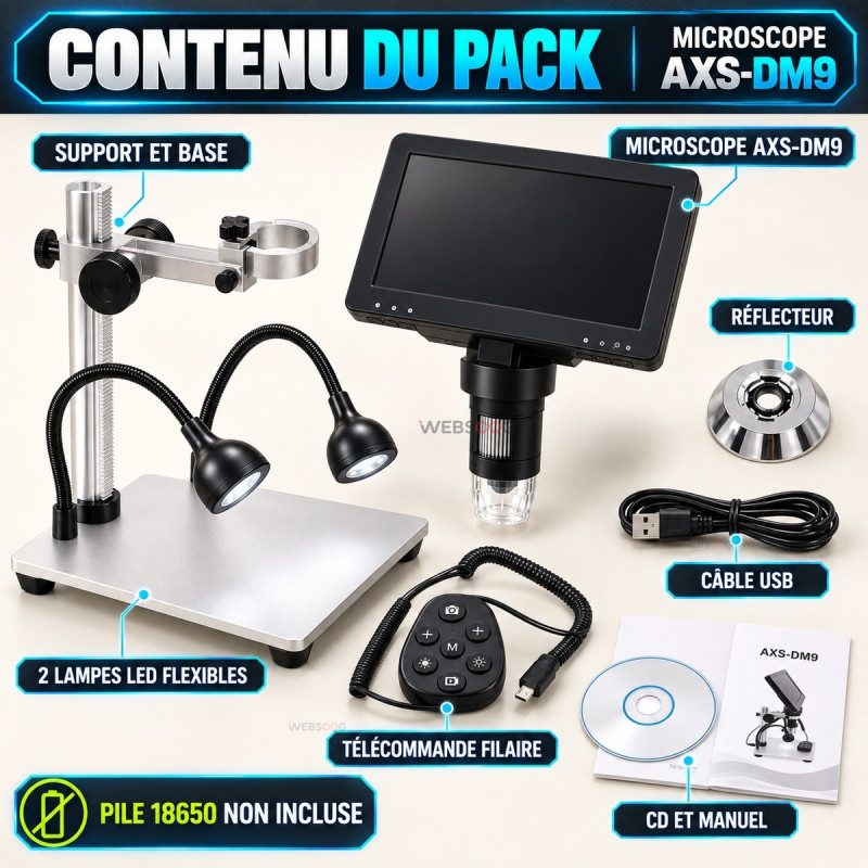 Microscope AXS-DM9 avec écran HD 7\" jusqu'à 12MP 1200X (focus range 10-40mm) avec 2 LEDs