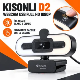 Webcam Kisonli D2 Full HD 1080P USB Eclairage Tactile Blanc Chaud