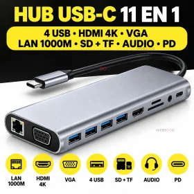 Hub USB C 11 en 1 HDMI VGA LAN SD TF Audio PD
