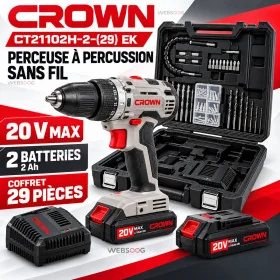 Perceuse A Percussion Sans Fil CROWN CT21102H2 20V 29 Pieces