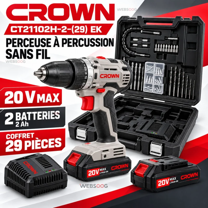Perceuse A Percussion Sans Fil CROWN CT21102H2 20V 29 Pieces