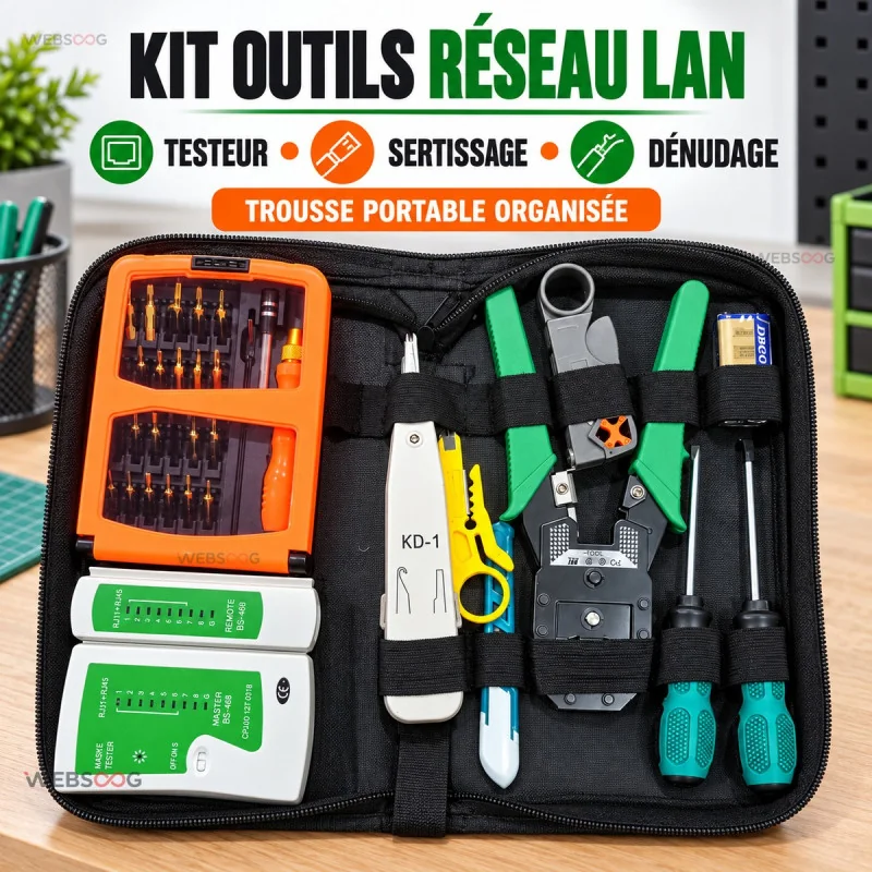 Kit Outils Reseau LAN avec Testeur RJ45 et Pince a Sertir 12en1
