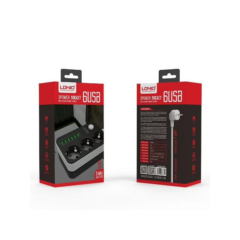 3 prises de courant alternatif UE prise d'extension 6 USB (prise) multiprise de bureau LDNIO SE3631
