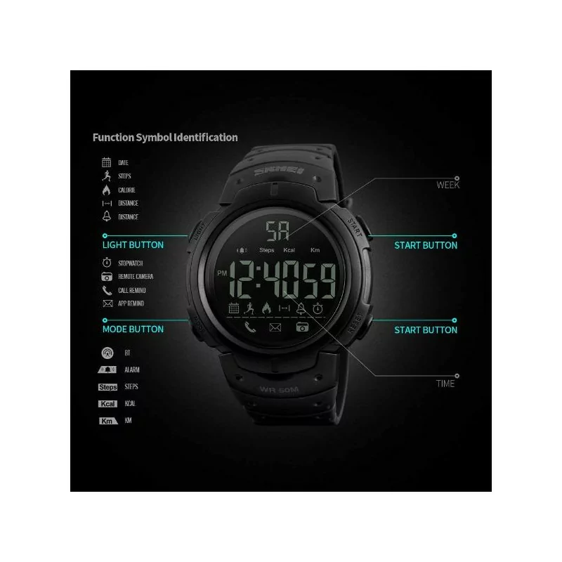 SKMEI Montre intelligente de suivi de la condition physique résistante à l'eau 5ATM pour hommes