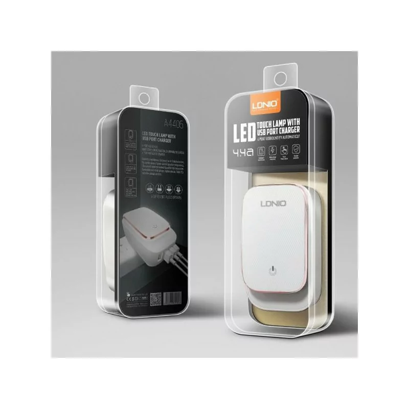Chargeur mural USB 4 ports LDNIO A4405 avec charge rapide 22W, lumière LED et câble Lightning