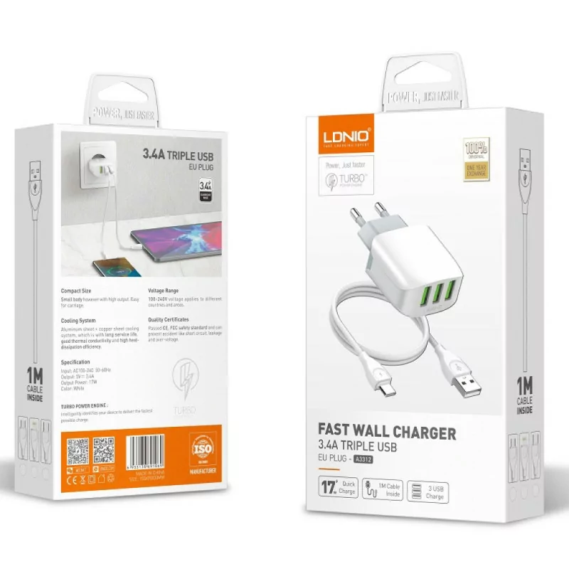 LDNIO A3312 Fast Wall Charger 3.4A 3 PORTS USB + Type C Cable
