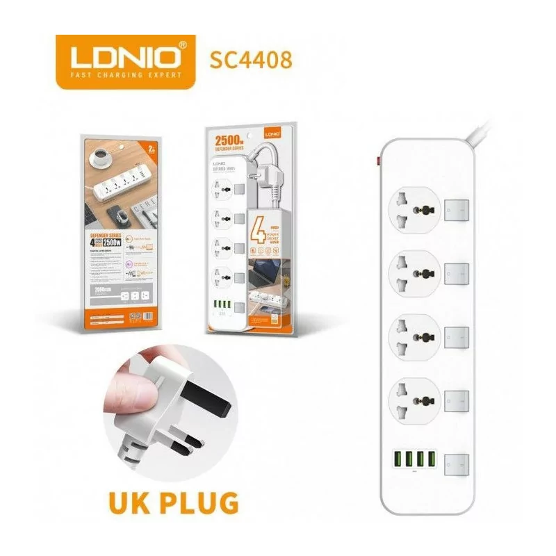 LDNIO SC4408 POWER STRIP 4 UNIVERSAL SOCKET WITH 4 USB OUTPUT 3.4A 2500W