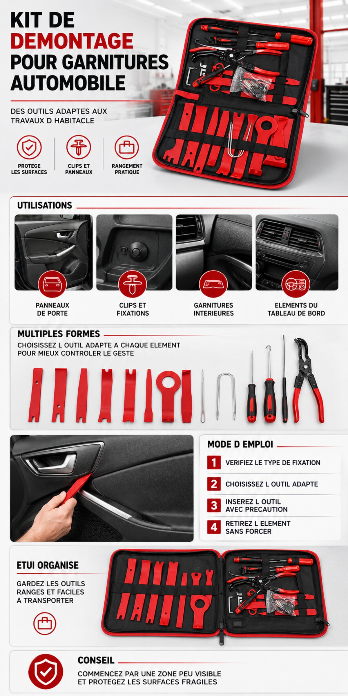 Kit professionnel de demontage garnitures automobile avec mallette