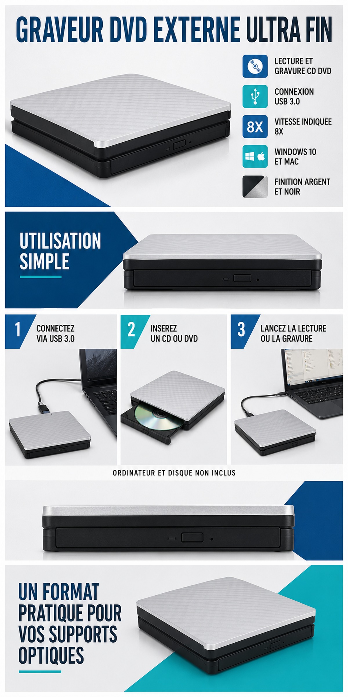 Graveur DVD externe ultra fin USB 3 0 vitesse 8X pour Windows 10 et Mac