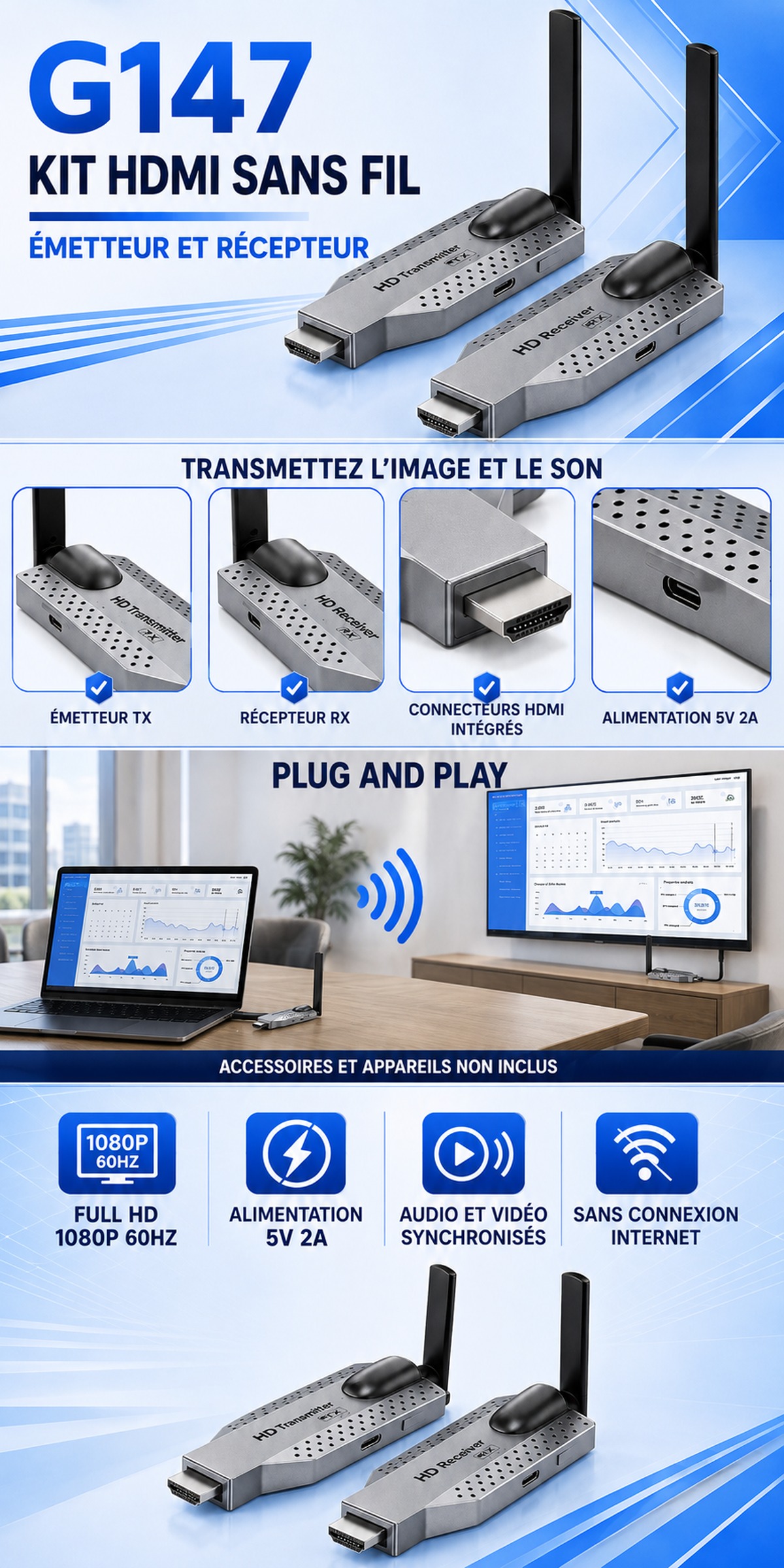 Kit HDMI Sans Fil G147 Full HD 1080P