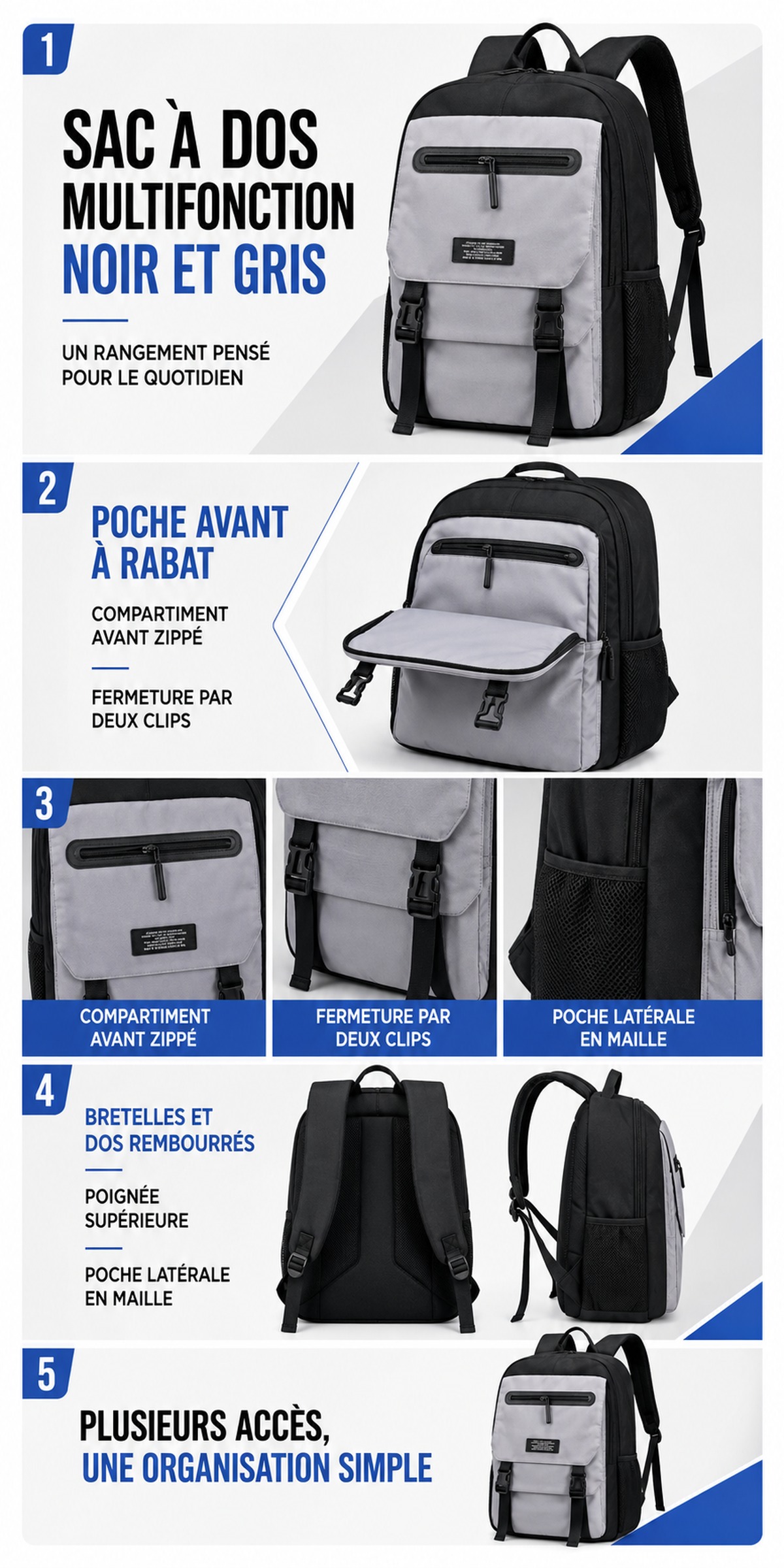 Sac a Dos Multifonction Noir et Gris