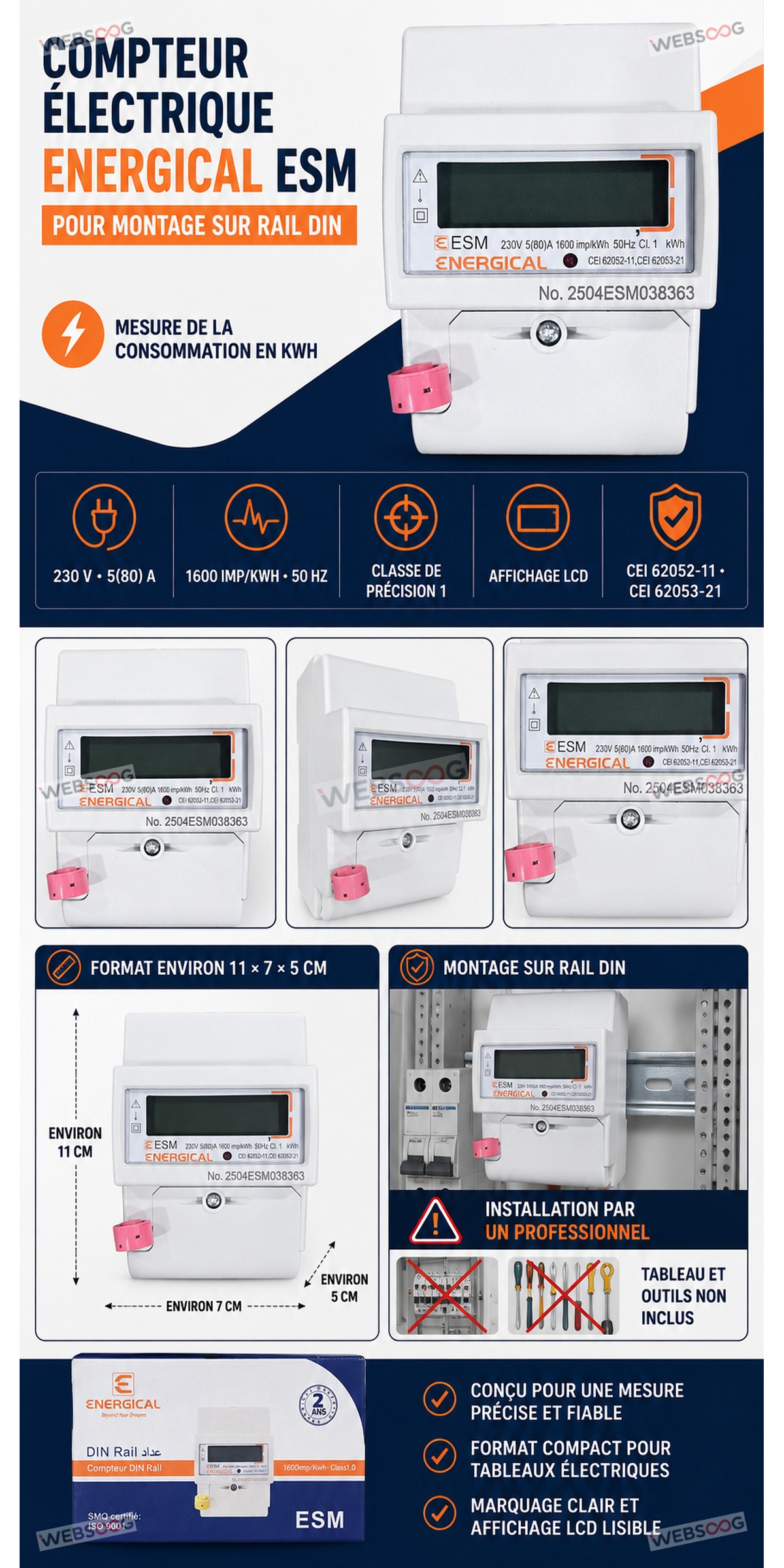Compteur Electrique ENERGICAL ESM Rail DIN 230V 80A