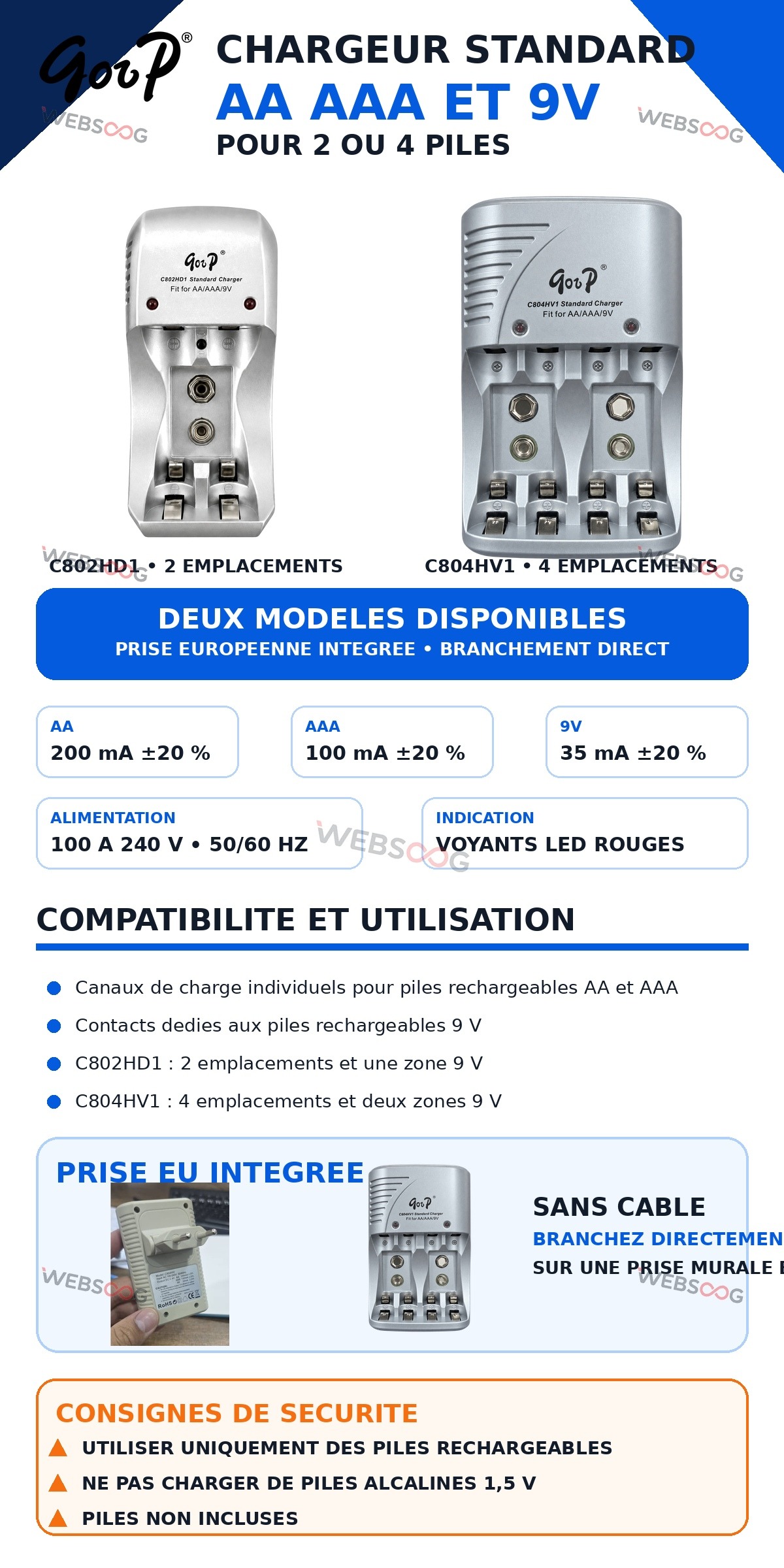 Chargeur de piles Standard AA AAA et 9V pour 2 ou 4 Piles