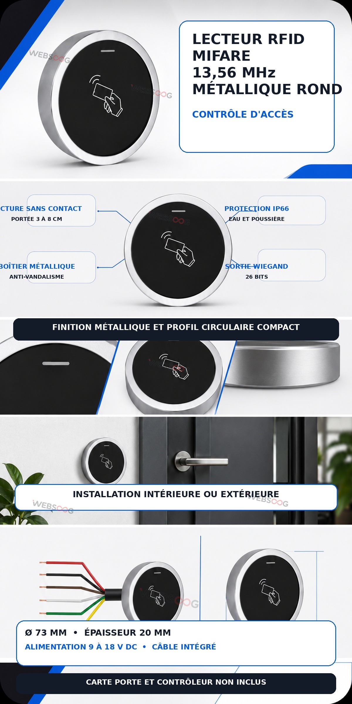 Lecteur RFID Mifare 13 56 MHz Metallique Rond IP66