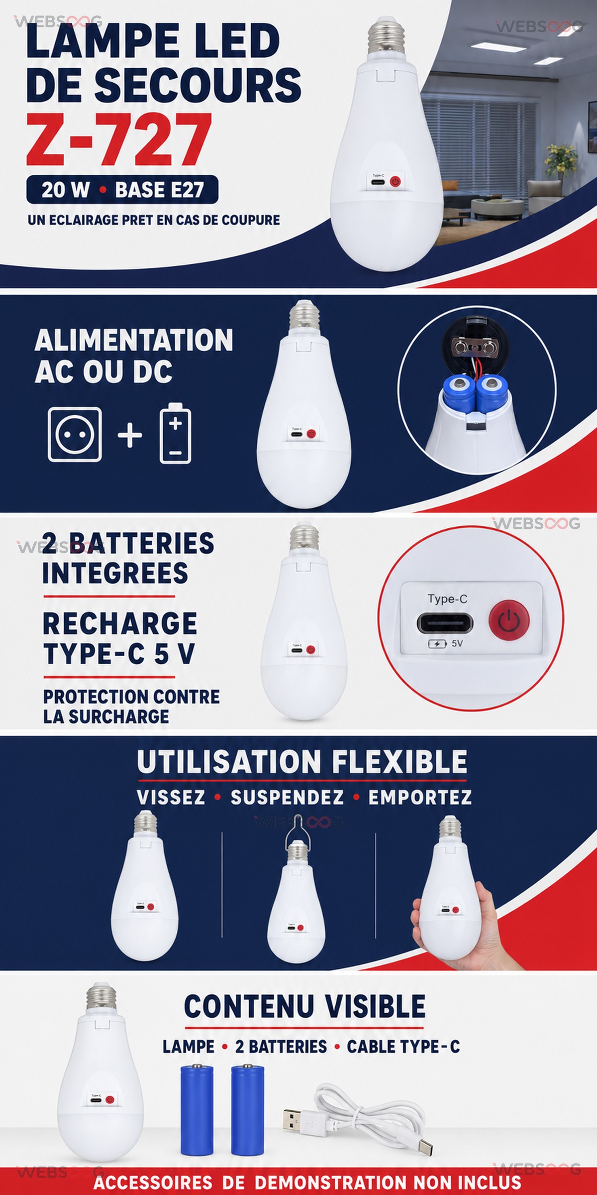 Lampe LED de secours rechargeable Z 727 20W E27 avec batteries