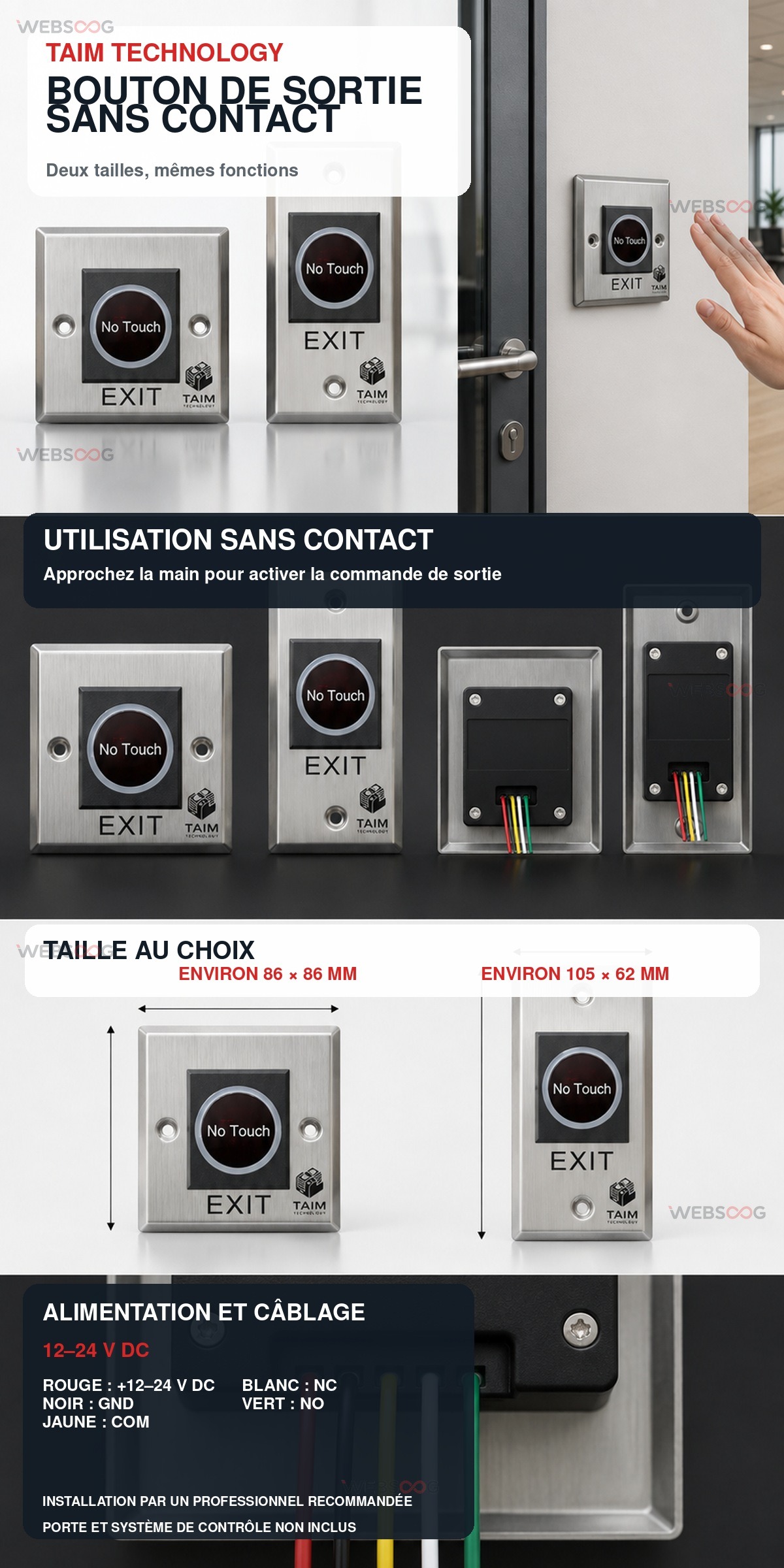 Bouton de sortie infrarouge sans contact TAIM 12 24V en 2 tailles