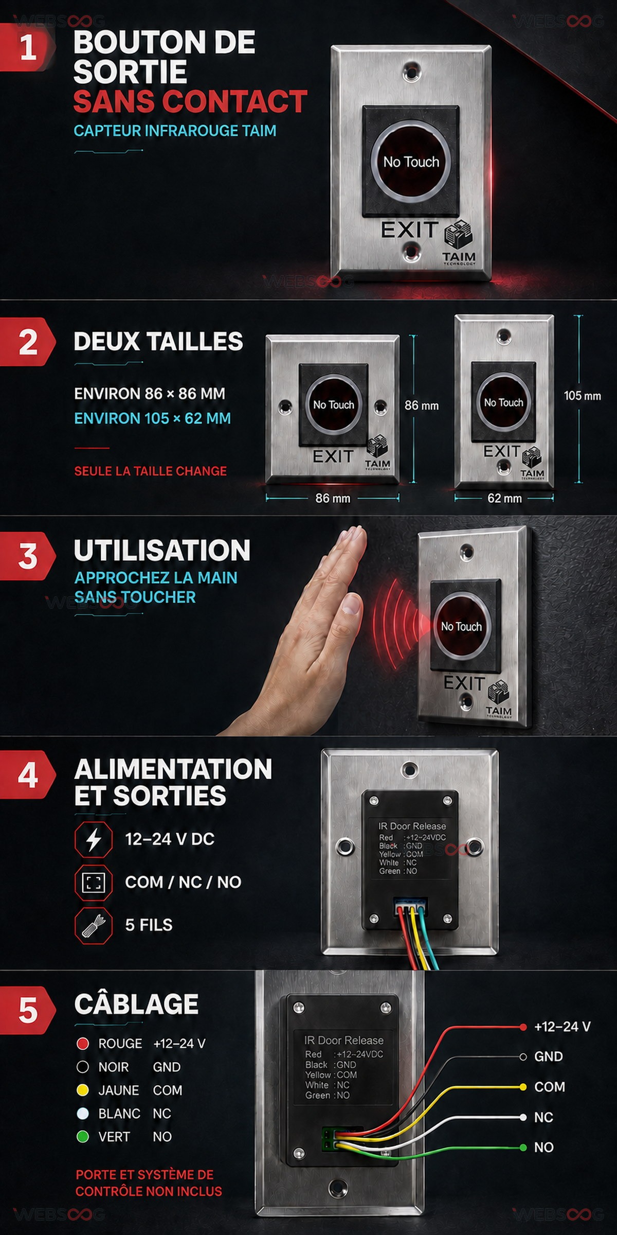Bouton de sortie infrarouge TAIM sans contact en 2 tailles