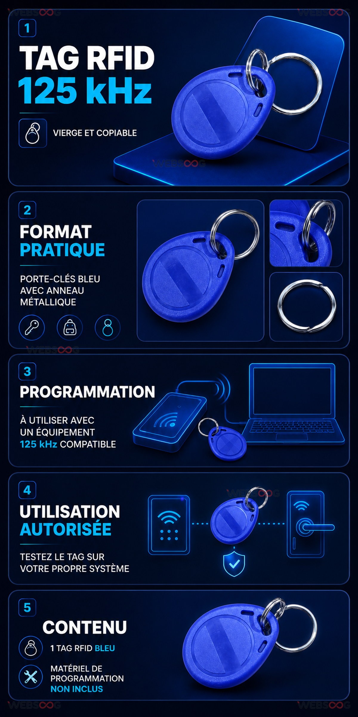 Tag RFID 125 kHz vierge copiable avec porte cles