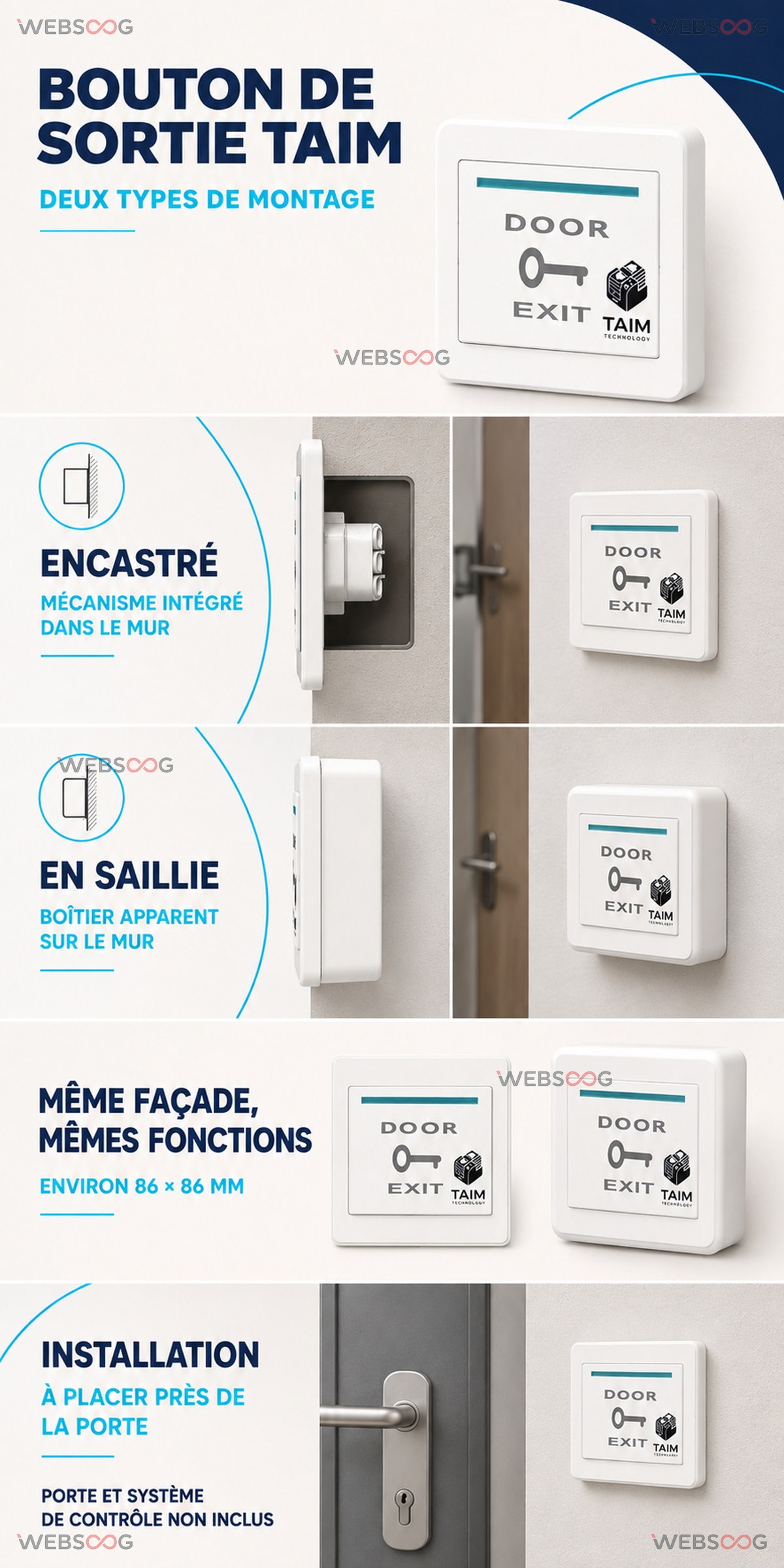 Bouton de sortie TAIM montage encastre ou en saillie