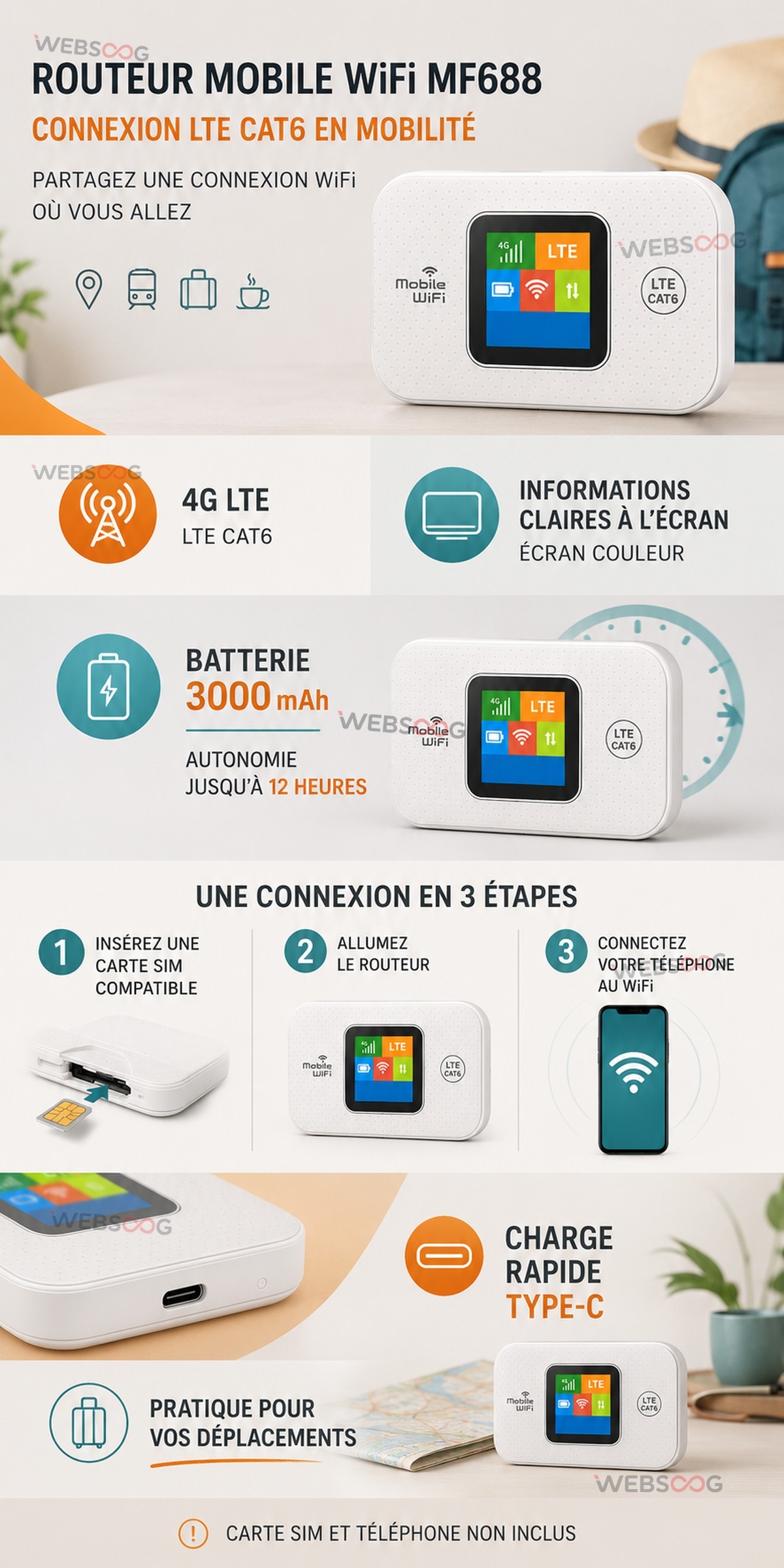 Routeur mobile WiFi MF688 LTE CAT6 3000 mAh Type C