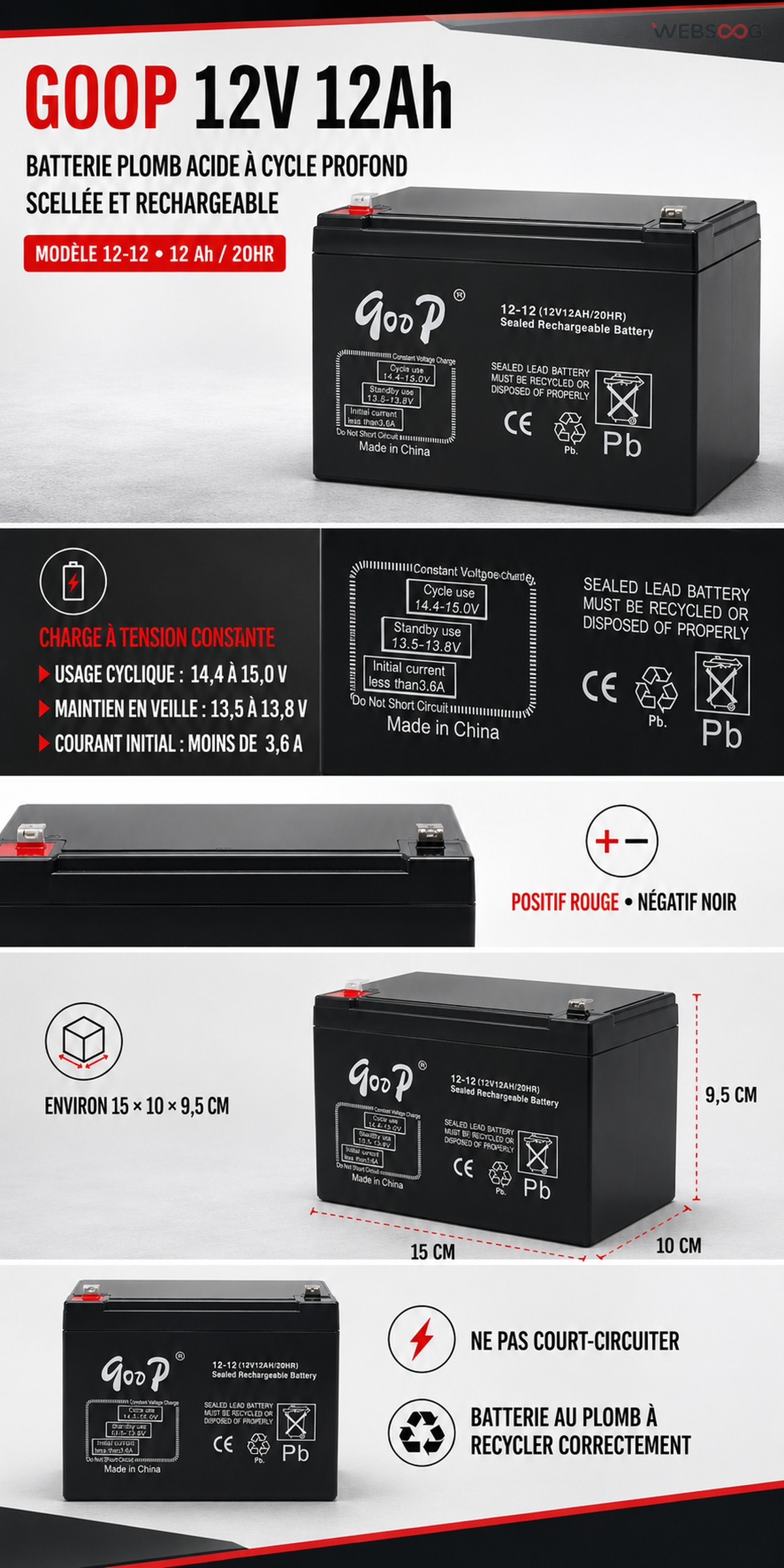 Batterie Plomb Acide GOOP 12V 12Ah Cycle Profond