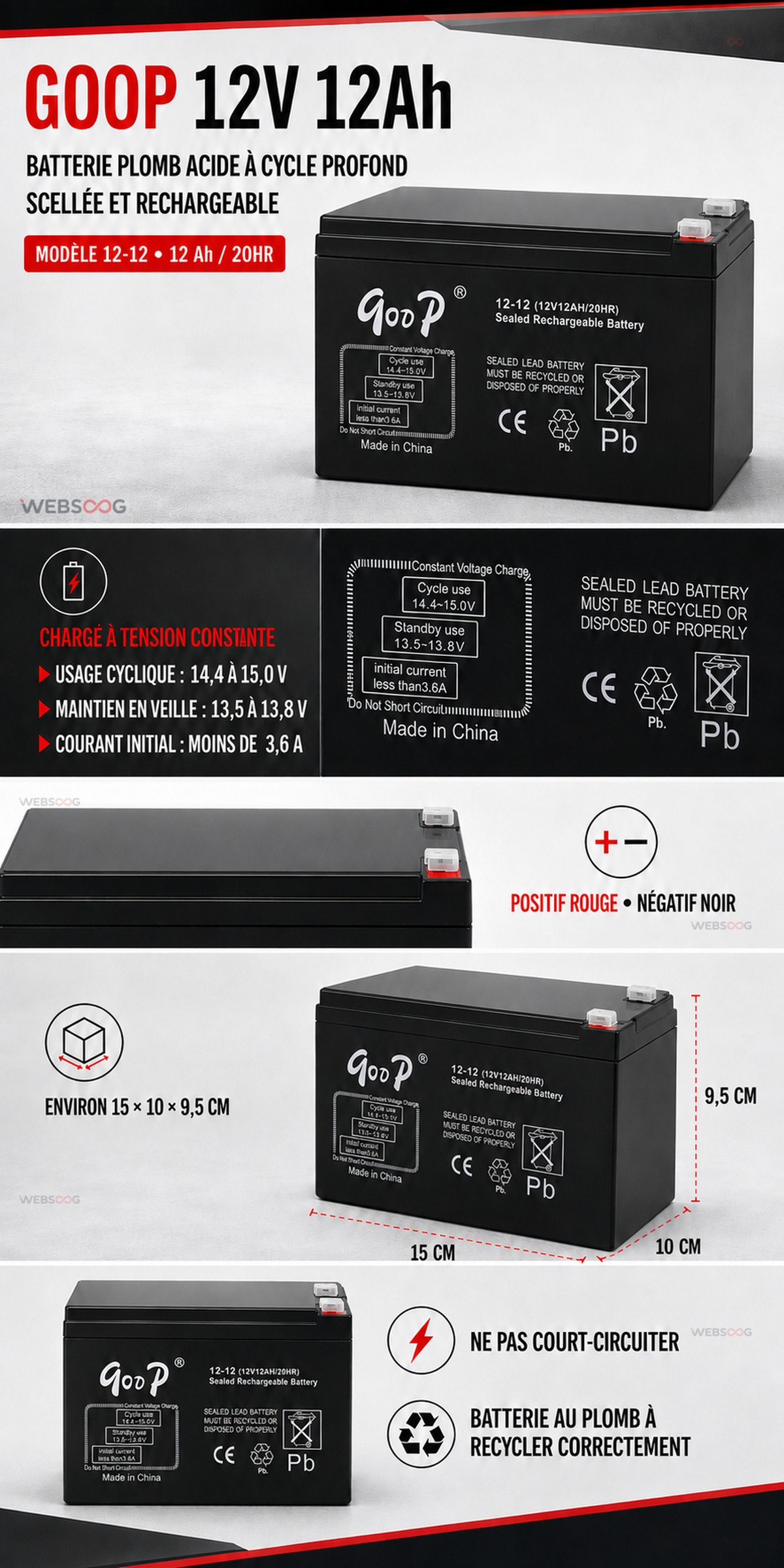 Batterie Plomb Acide GOOP 12V 12Ah Cycle Profond