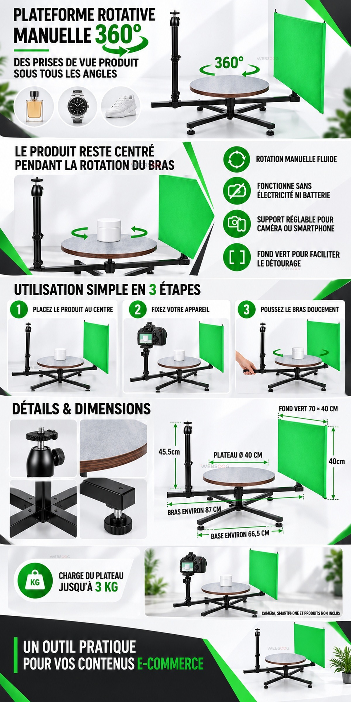 Plateforme Rotative Manuelle 360 Pour Photo Video Produit Plateau 40cm Avec Fond Vert