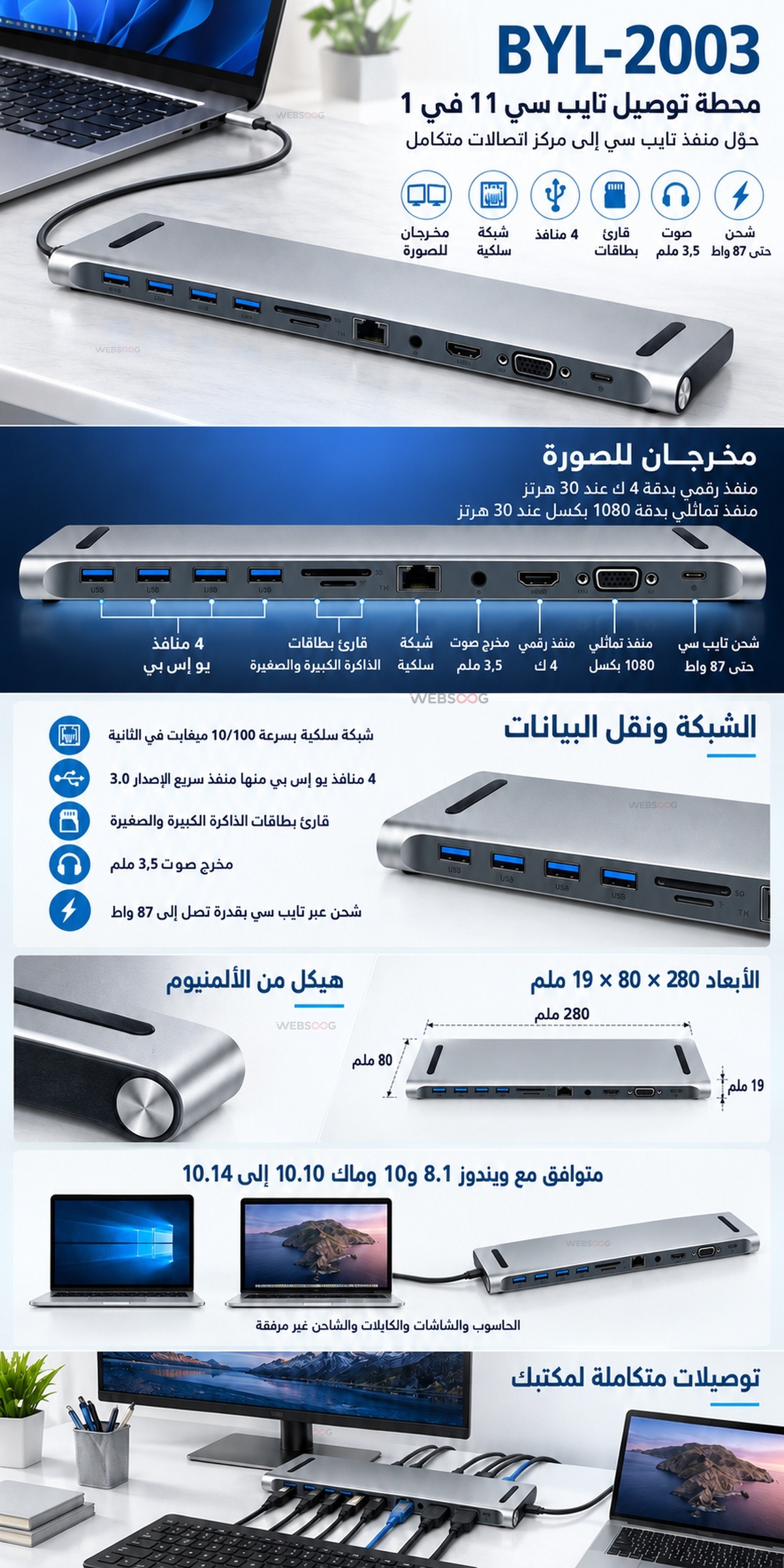 Station Accueil Type C 11 en 1 BYL 2003 HDMI 4K VGA USB C PD 87W
