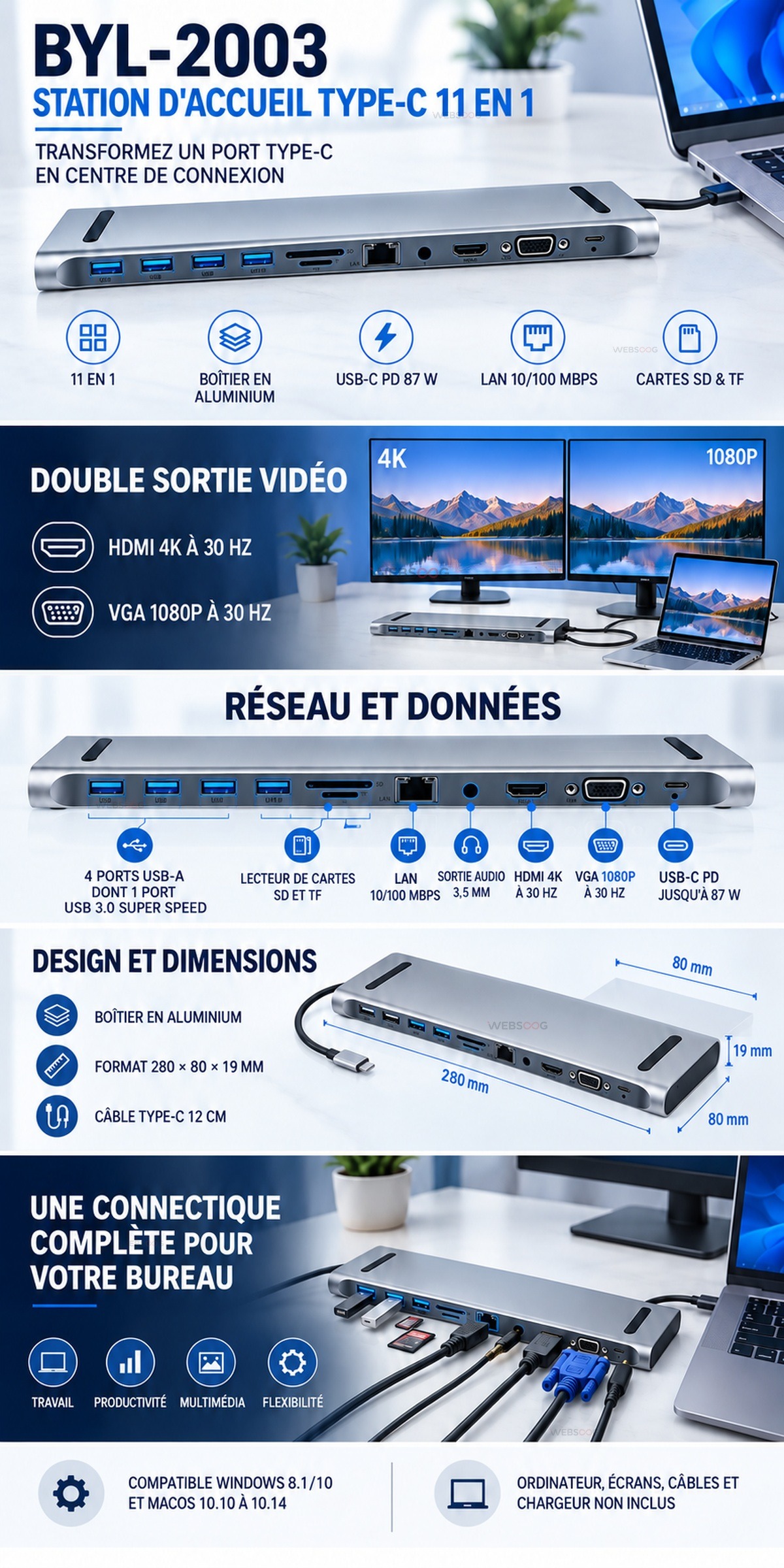 Station Accueil Type C 11 en 1 BYL 2003 HDMI 4K VGA USB C PD 87W