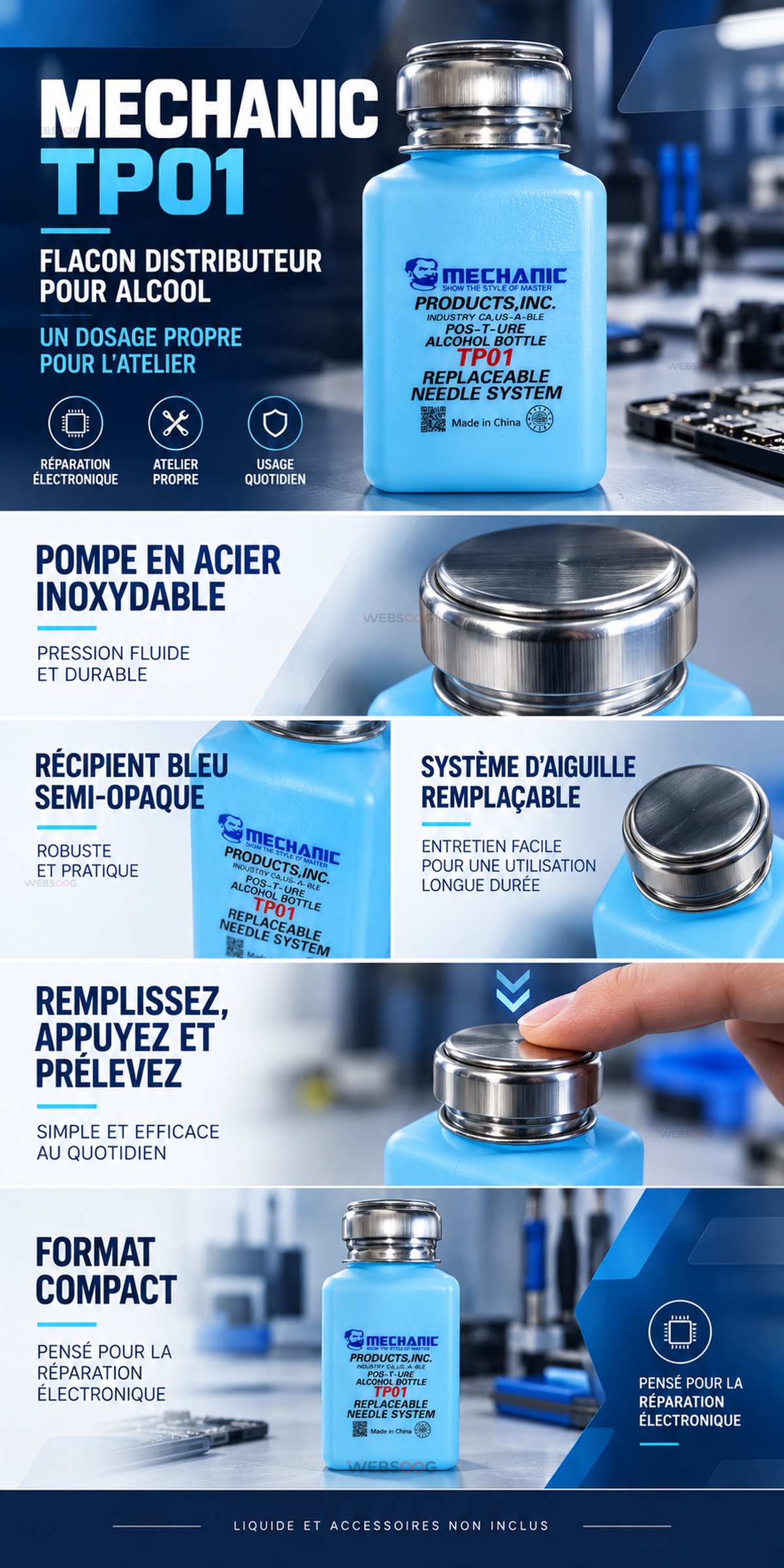 Flacon Distributeur Alcool Mechanic TP01 Pompe Inox Aiguille Remplacable