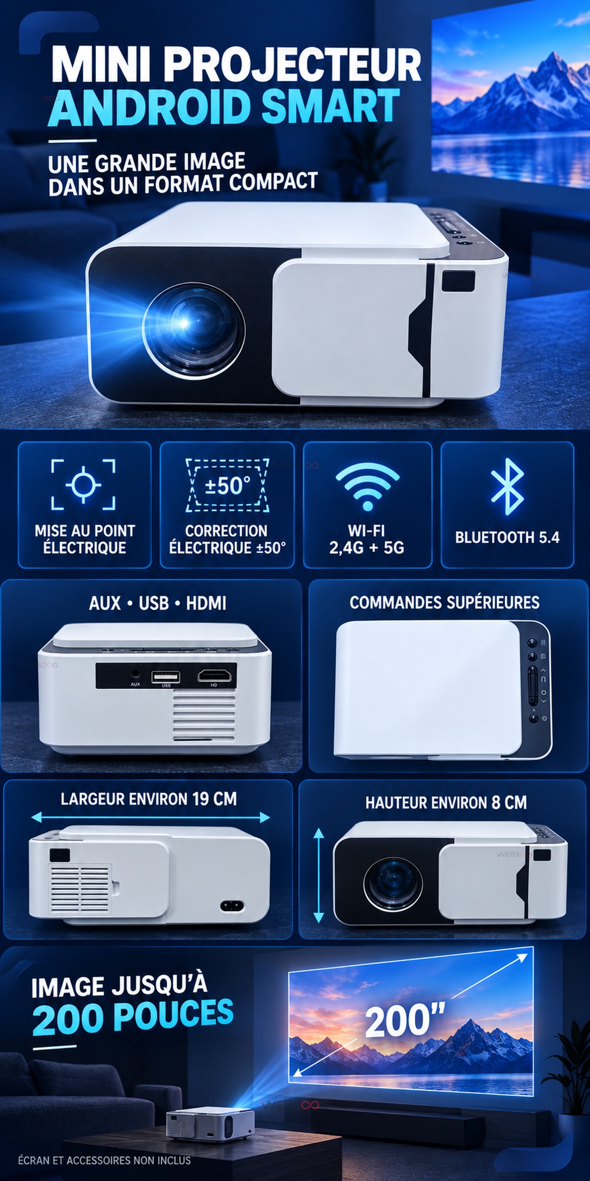 Mini Projecteur Android Smart WiFi 2 4G 5G Bluetooth 5 4 Focus Electrique 200 Pouces