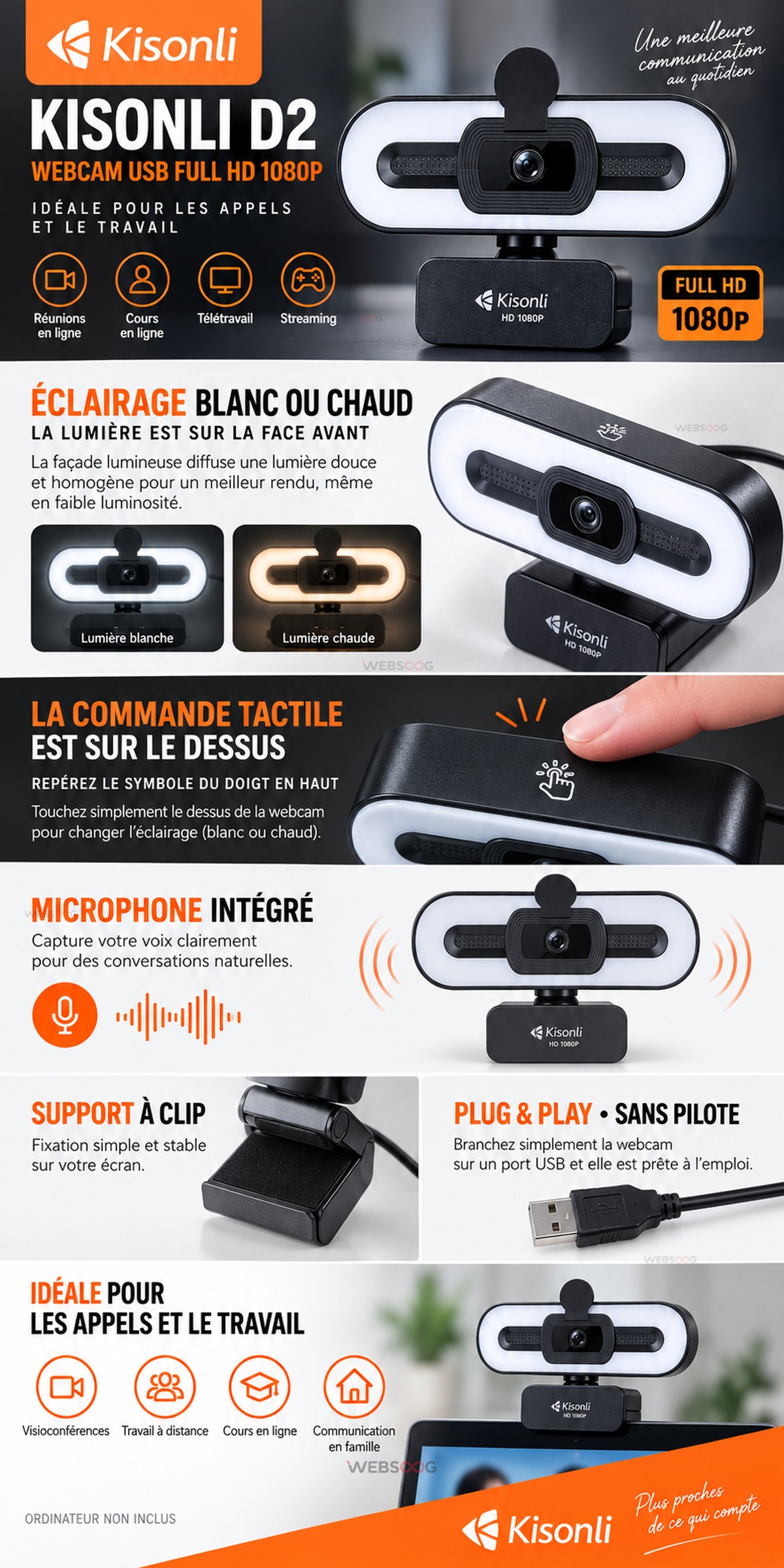 Webcam Kisonli D2 Full HD 1080P USB Eclairage Tactile Blanc Chaud