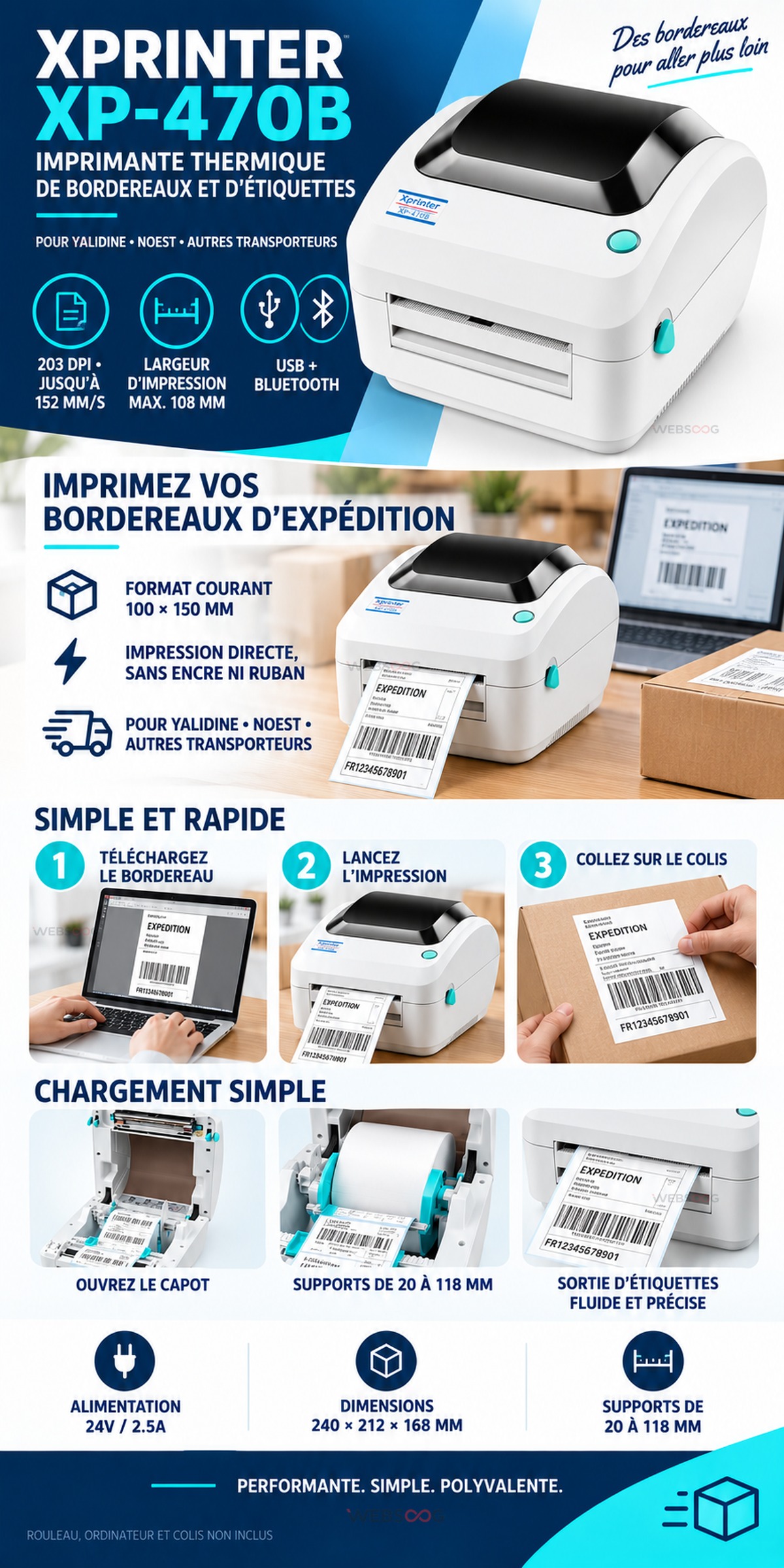 Imprimante Thermique Xprinter XP 470B Bordereaux Livraison USB Bluetooth MAX 100 x 150 mm