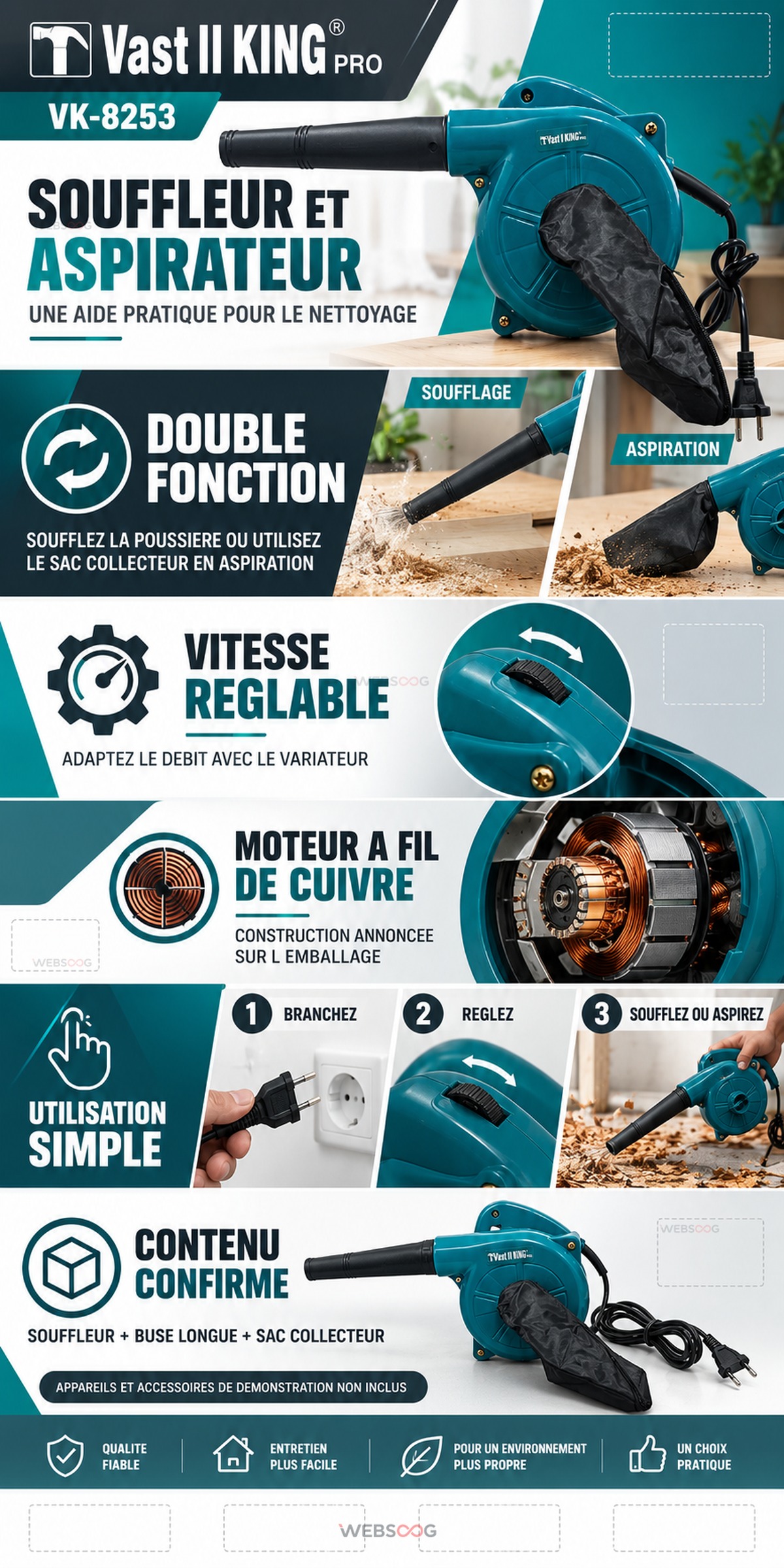 Souffleur Aspirateur Electrique Vast II KING PRO VK 8253 Vitesse Reglable