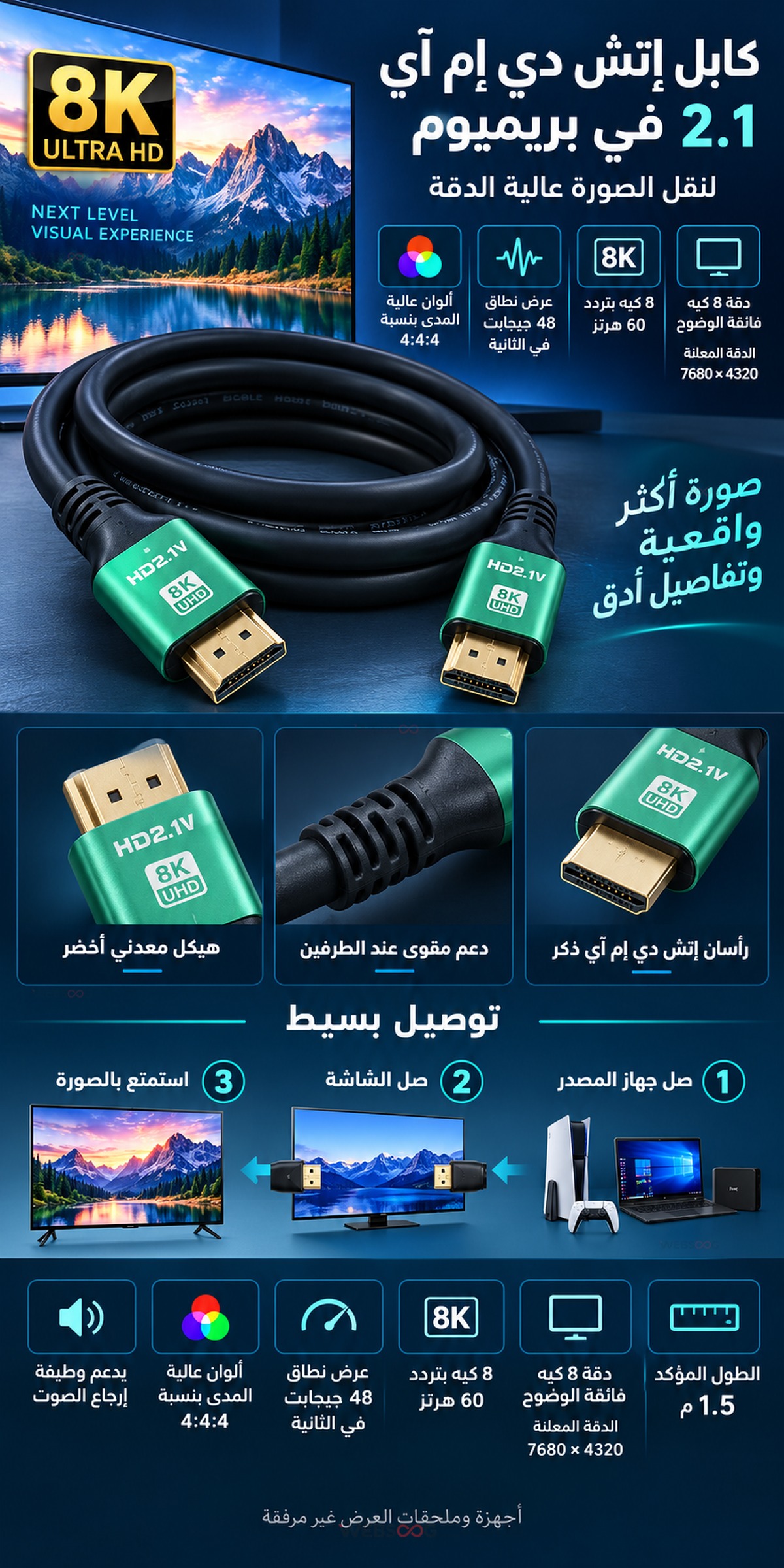 Cable HDMI 2 1V Premium 8K Ultra HD 48Gbps 1 5M