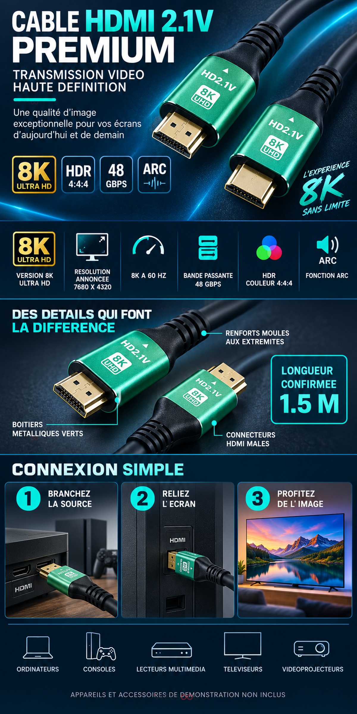 Cable HDMI 2 1V Premium 8K Ultra HD 48Gbps 1 5M