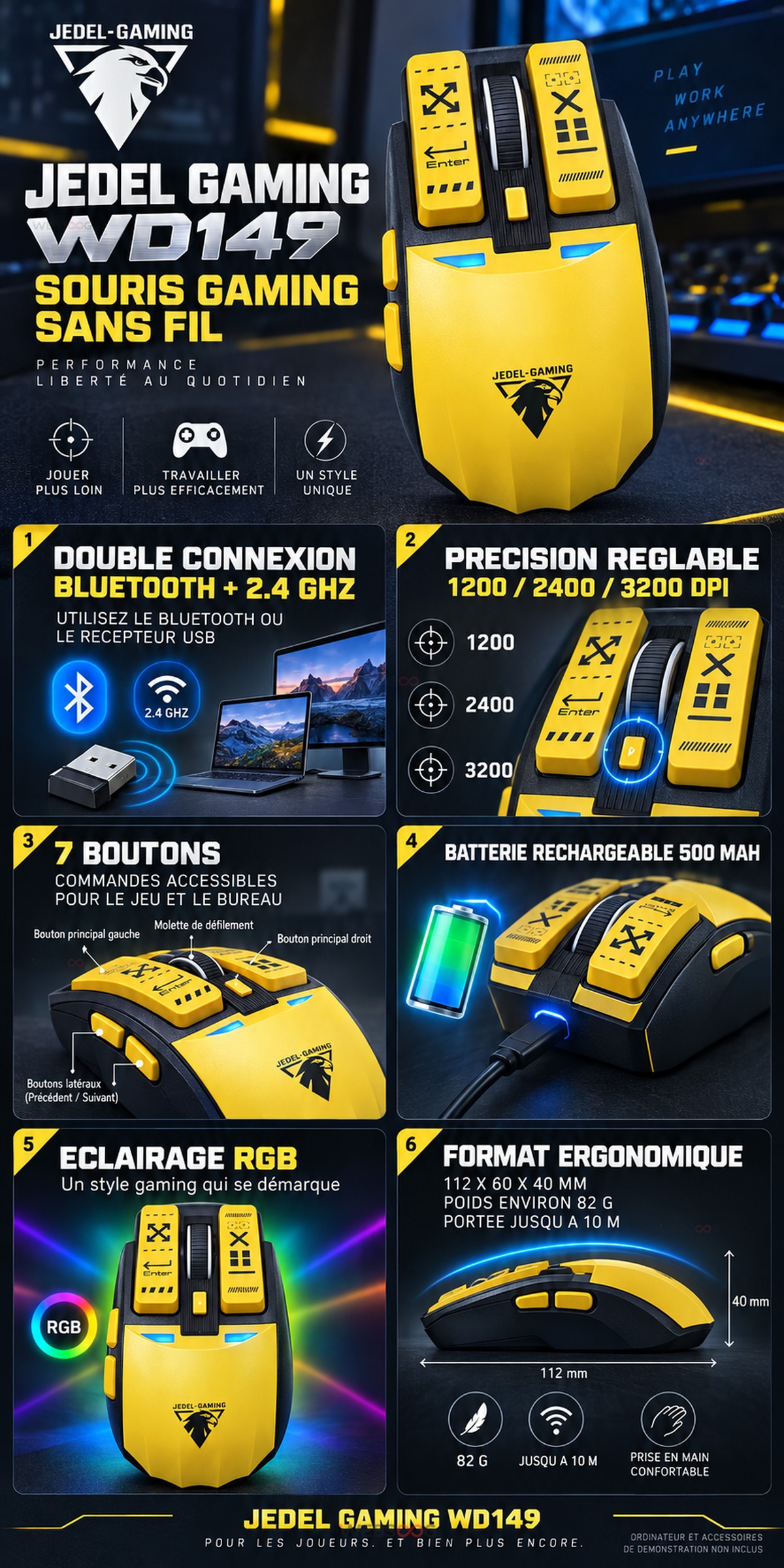 Souris Gaming Sans Fil JEDEL WD149 Bluetooth 2 4GHz Rechargeable 3200 DPI