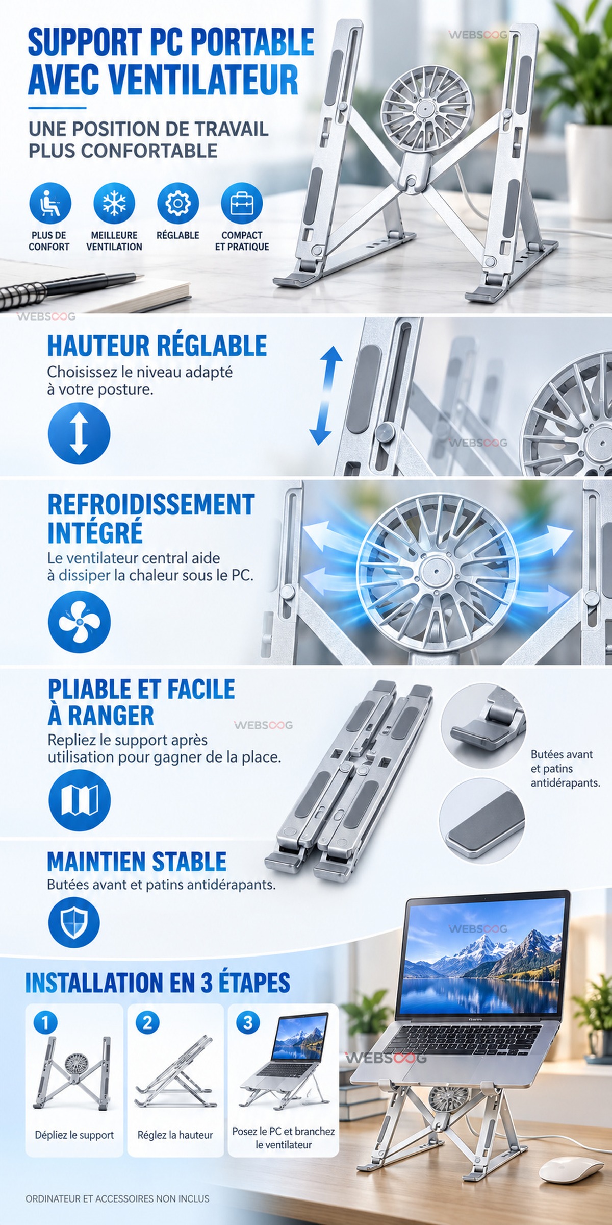 Support PC Portable Pliable Avec Ventilateur Central