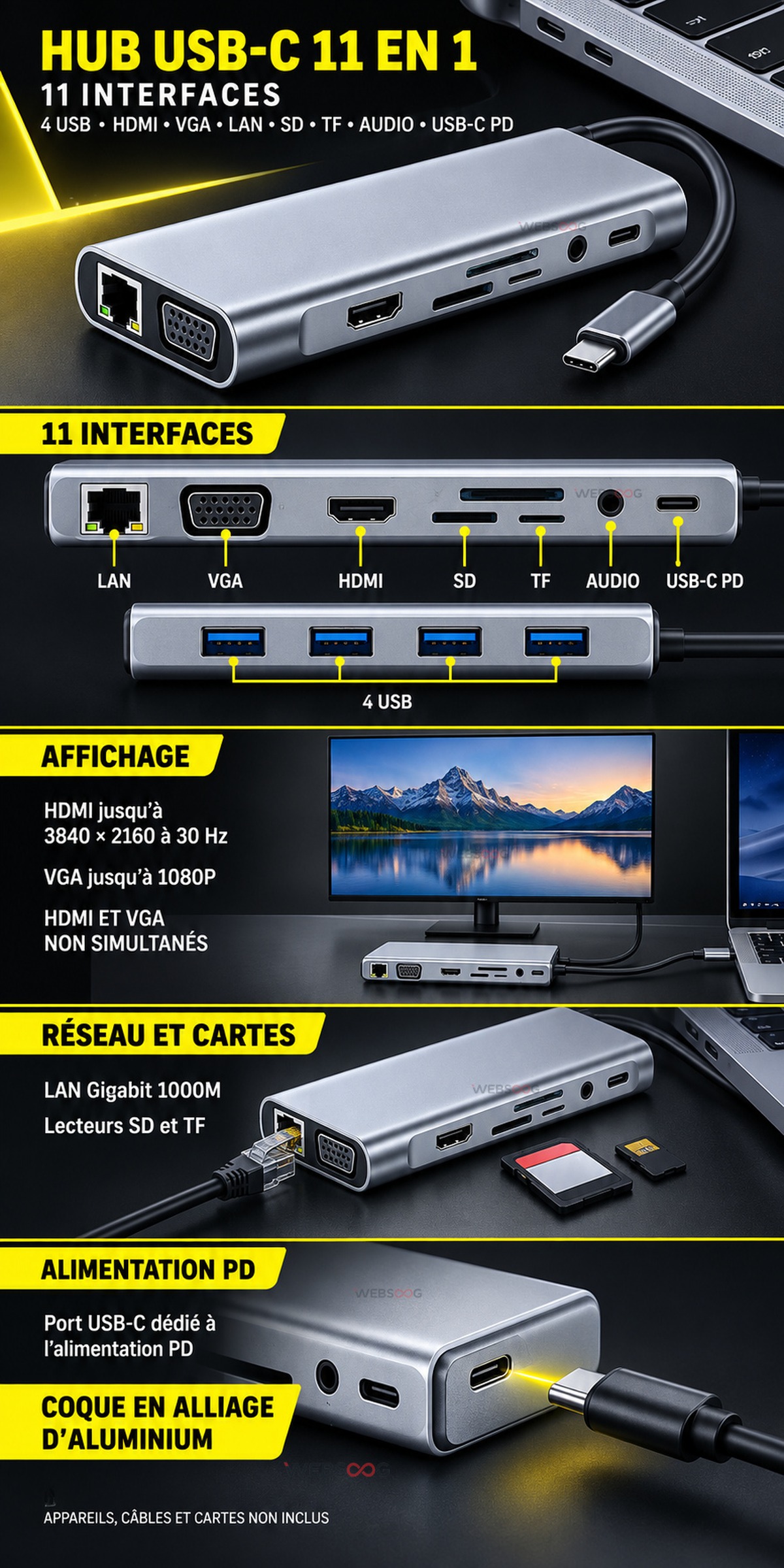 Hub USB C 11 en 1 HDMI VGA LAN SD TF Audio PD