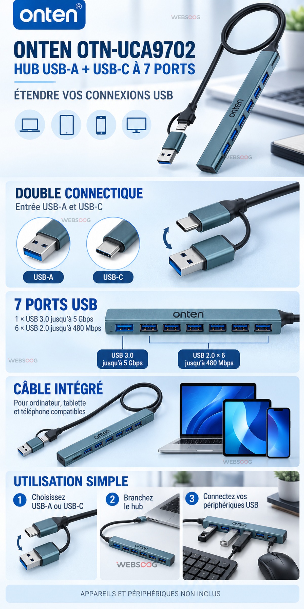 Hub USB A et USB C Onten OTN UCA9702 7 Ports